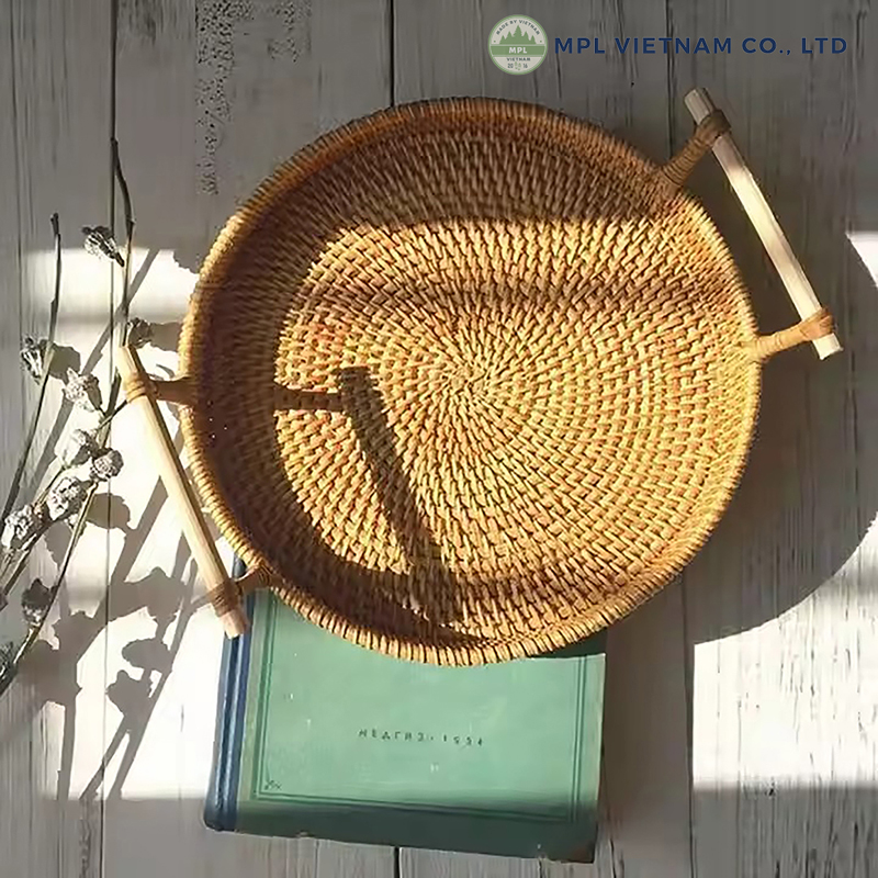 Wicker Basket, Round Dinner Plate with Handle 9 food tray rattan 2