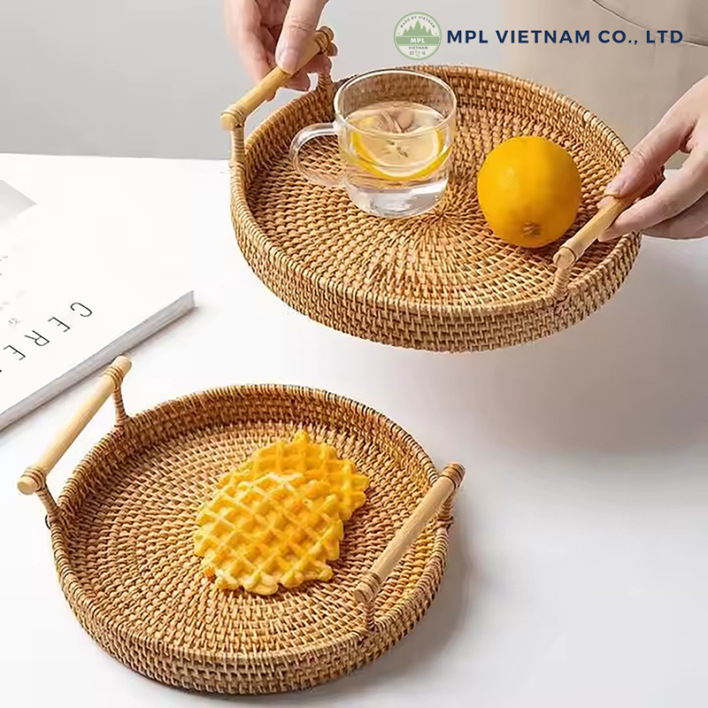 Wicker Basket, Round Dinner Plate with Handle 10 food tray rattan 3