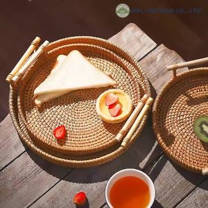 Wicker Basket, Round Dinner Plate with Handle 6 food tray rattan 7