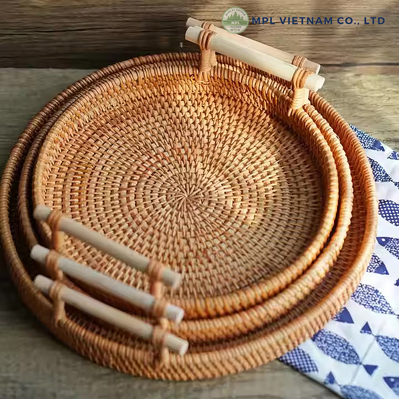 Wicker Basket, Round Dinner Plate with Handle 12 food tray rattan 8