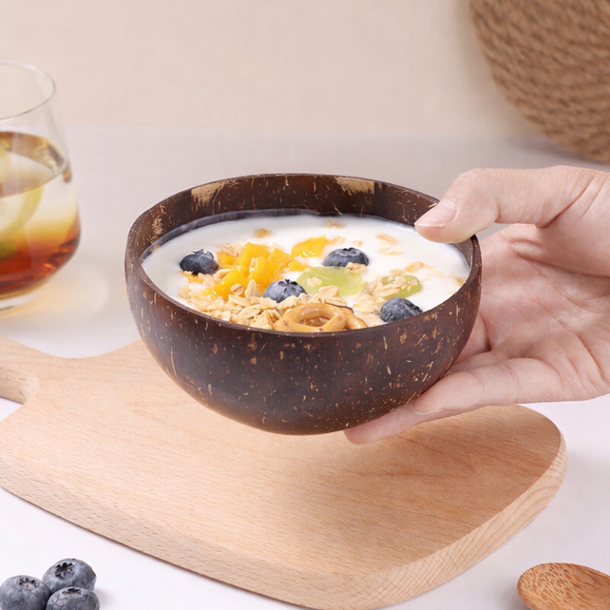 Natural Coconut Shell Bowl with Coconut Wood Spoon – 13–16cm 7 natural coconut shell bowl - detail view