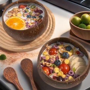 Natural Coconut Shell Bowl with Coconut Wood Spoon – 13–16cm 5 natural coconut shell bowl - lifestyle application