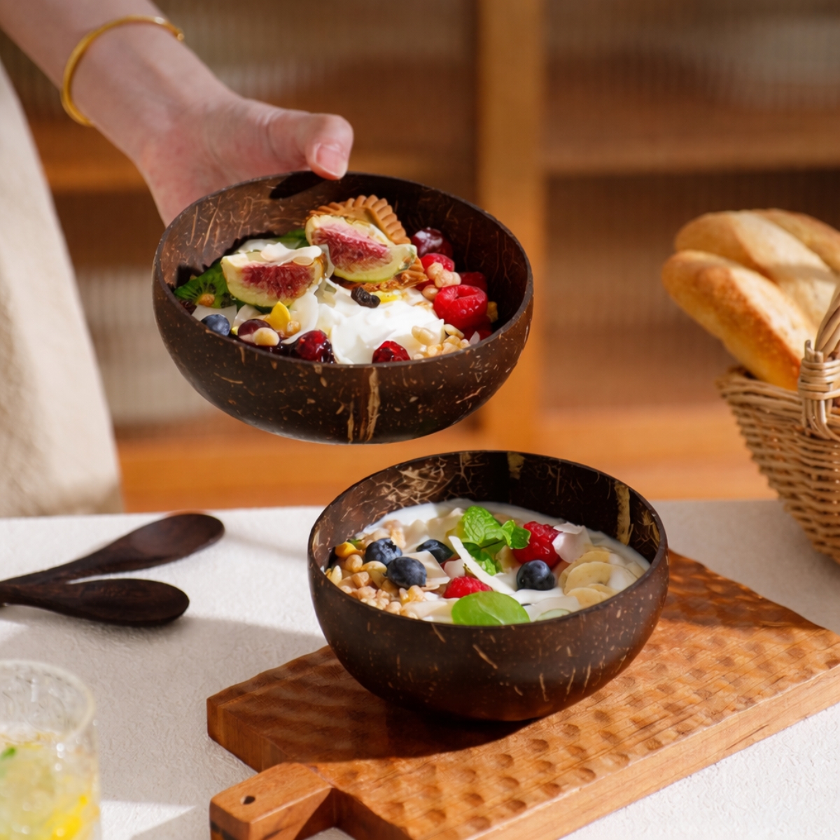 Natural Coconut Shell Bowl with Coconut Wood Spoon – 13–16cm 6 natural coconut shell bowl - front view