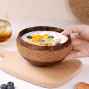 Engraved Coconut Shell Bowl with Palm Leaf Pattern – Handmade Natural Tableware 5 engraved coconut shell bowl held for cereal serving