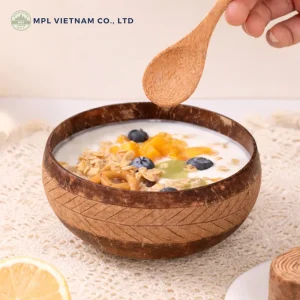 Engraved Coconut Shell Bowl with Palm Leaf Pattern – Handmade Natural Tableware 6 engraved coconut shell bowl with coconut spoon lifestyle view