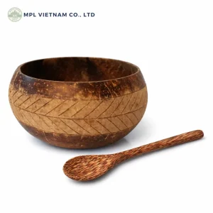 engraved coconut shell bowl with palm leaf pattern and coconut spoon