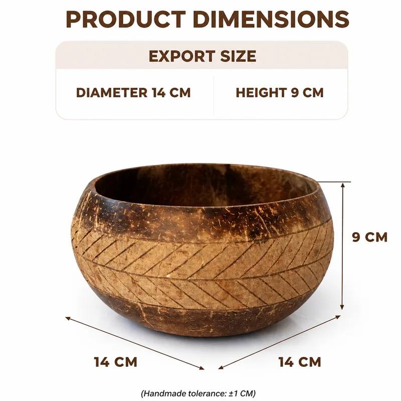 Engraved Coconut Shell Bowl with Palm Leaf Pattern – Handmade Natural Tableware 10 engraved coconut shell bowl 14cm diameter and 9cm height