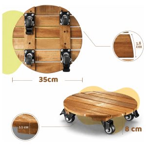 round wooden plant caddy with wheels - front view
