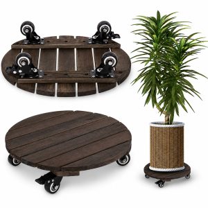 MPL Vietnam round wooden plant caddy with wheels 35cm - front view