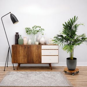 round wooden plant caddy with wheels - craftsmanship detail