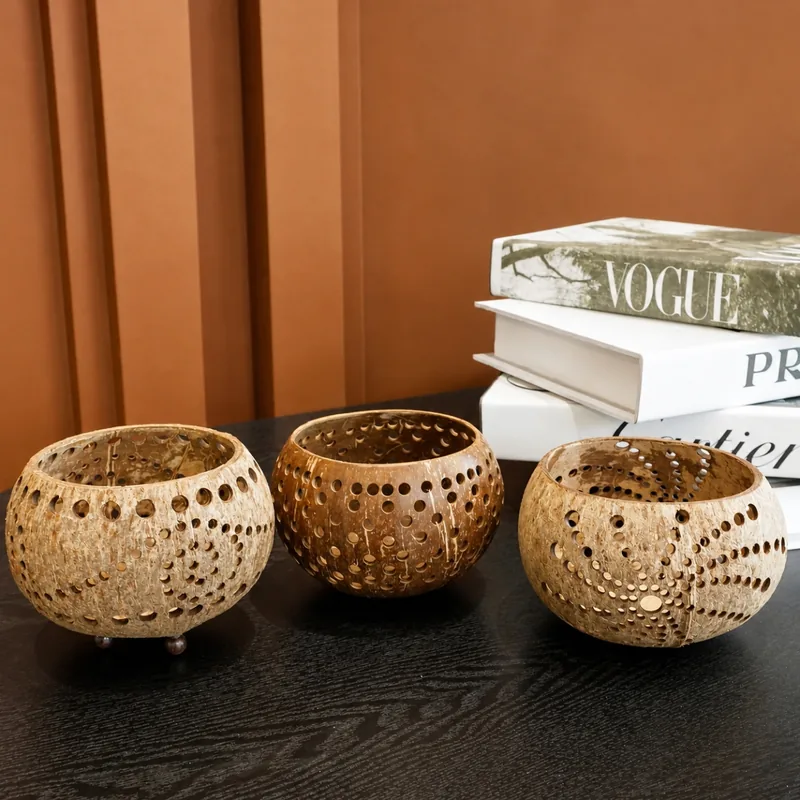 perforated coconut shell tealight candle holder collection display perforated coconut shell tealight candle holder collection display