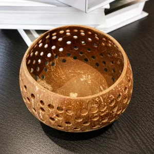 Perforated Coconut Shell Tealight Candle Holder – 10cm Handmade Décor 7 perforated coconut shell tealight candle holder interior view