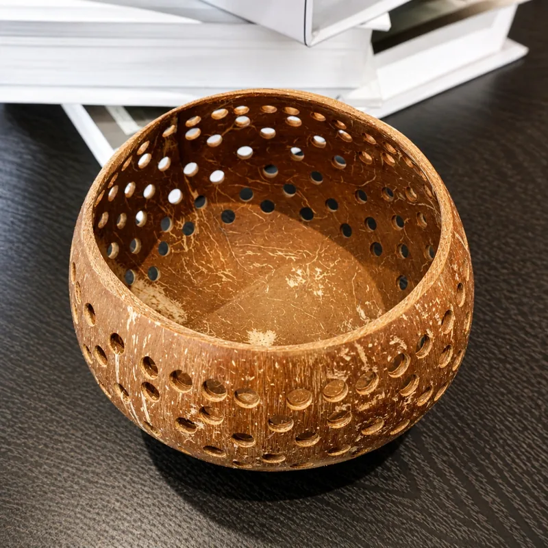 Perforated Coconut Shell Tealight Candle Holder – 10cm Handmade Décor 12 perforated coconut shell tealight candle holder interior view