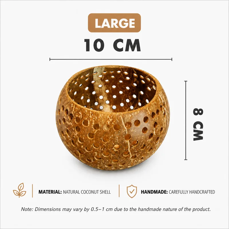 Perforated Coconut Shell Tealight Candle Holder – 10cm Handmade Décor 10 perforated coconut shell tealight candle holder 10cm dimensions