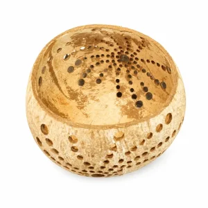 perforated coconut shell tealight candle holder base and drilled-hole detail