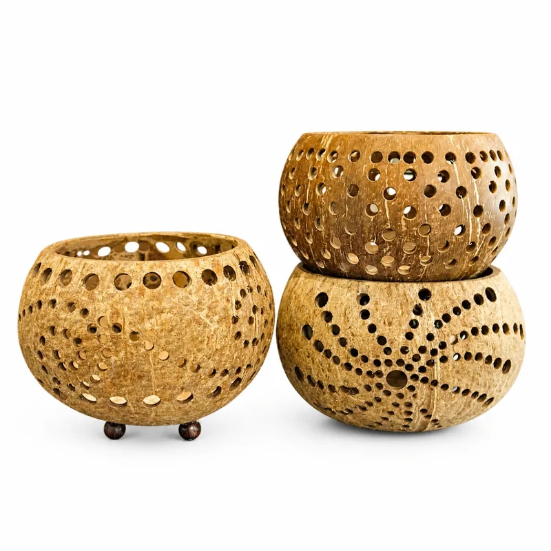 Perforated Coconut Shell Tealight Candle Holder – Spiral Pattern 10cm Handmade Décor 10 perforated coconut shell tealight candle holders spiral pattern display