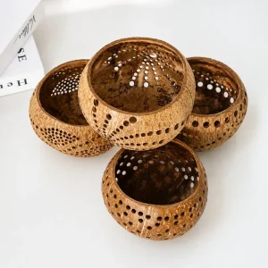 Perforated Coconut Shell Tealight Candle Holder – Spiral Pattern 10cm Handmade Décor 7 perforated coconut shell tealight candle holders spiral pattern interior