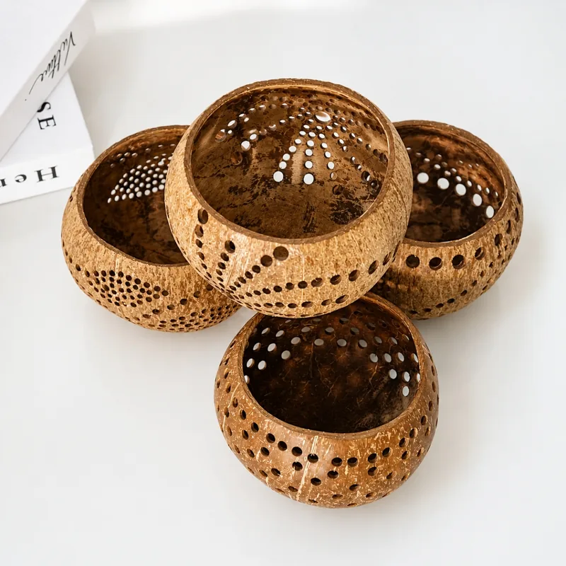 Perforated Coconut Shell Tealight Candle Holder – Spiral Pattern 10cm Handmade Décor 12 perforated coconut shell tealight candle holders spiral pattern interior