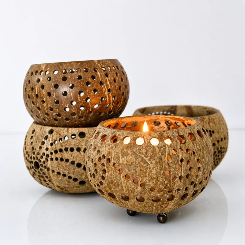 Perforated Coconut Shell Tealight Candle Holder – Spiral Pattern 10cm Handmade Décor 11 perforated coconut shell tealight candle holder spiral pattern with candle