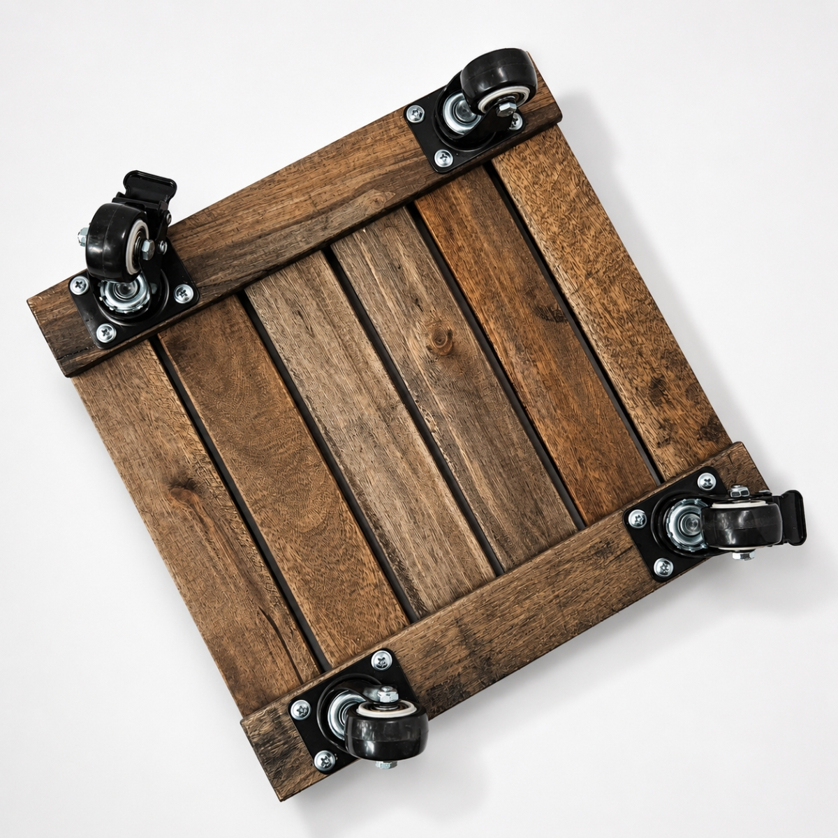Square Acacia Plant Caddy with Locking Casters – Dark Walnut, 30cm 6 acacia plant caddy - detail view