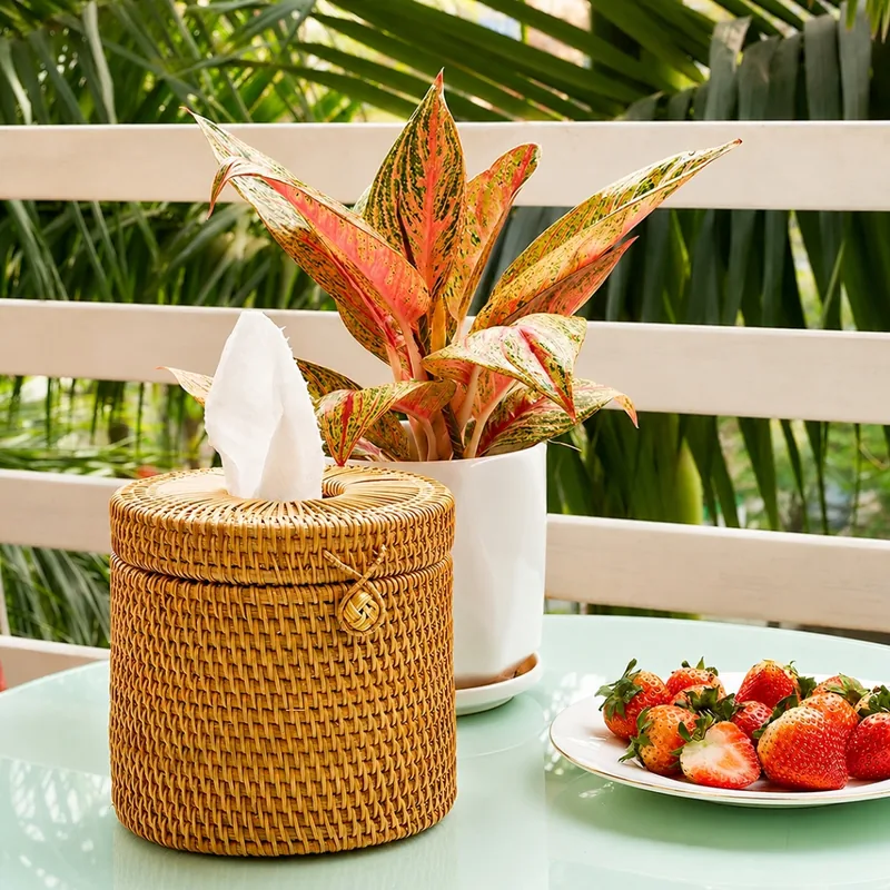 Handwoven Natural Rattan Tissue Box Holder – 14cm Handmade Décor 10 Handwoven Natural Rattan Tissue Box Holder base and drilled-hole detail