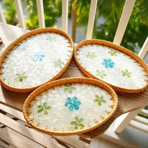 Handmade Rattan Mother-of-Pearl Oval Serving Tray Set 2 Handmade Rattan Mother-of-Pearl Oval Serving Tray base and drilled-hole detail