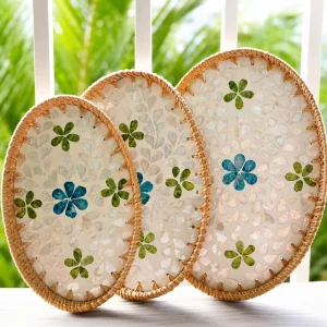 Handmade Rattan Mother-of-Pearl Oval Serving Tray Set 3 Handmade Rattan Mother-of-Pearl Oval Serving Tray 10cm dimensions