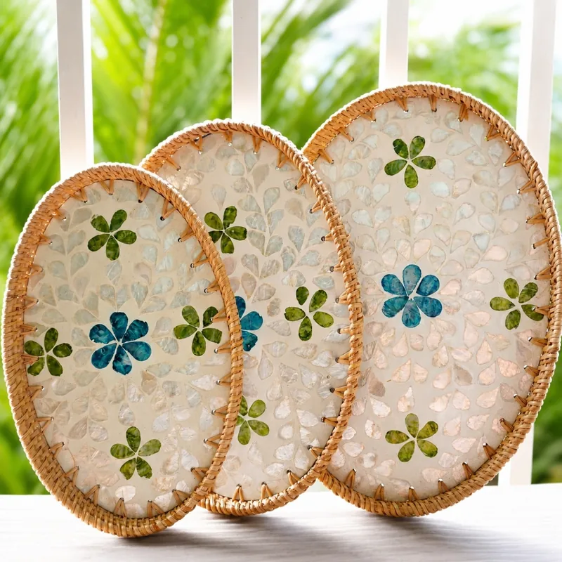 Handmade Rattan Mother-of-Pearl Oval Serving Tray Set 11 Handmade Rattan Mother-of-Pearl Oval Serving Tray 10cm dimensions
