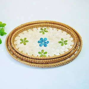 Handmade Rattan Mother-of-Pearl Oval Serving Tray Set 4 Handmade Rattan Mother-of-Pearl Oval Serving Tray on a dark tabletop