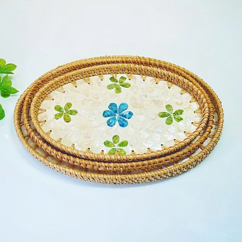 Handmade Rattan Mother-of-Pearl Oval Serving Tray Set 10 Handmade Rattan Mother-of-Pearl Oval Serving Tray on a dark tabletop