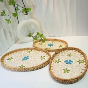 Handmade Rattan Mother-of-Pearl Oval Serving Tray Set 5 Handmade Rattan Mother-of-Pearl Oval Serving Tray for warm home décor