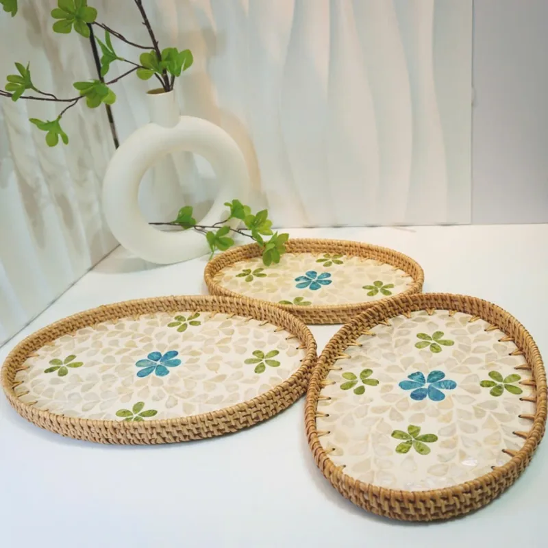 Handmade Rattan Mother-of-Pearl Oval Serving Tray for warm home décor Handmade Rattan Mother-of-Pearl Oval Serving Tray for warm home décor