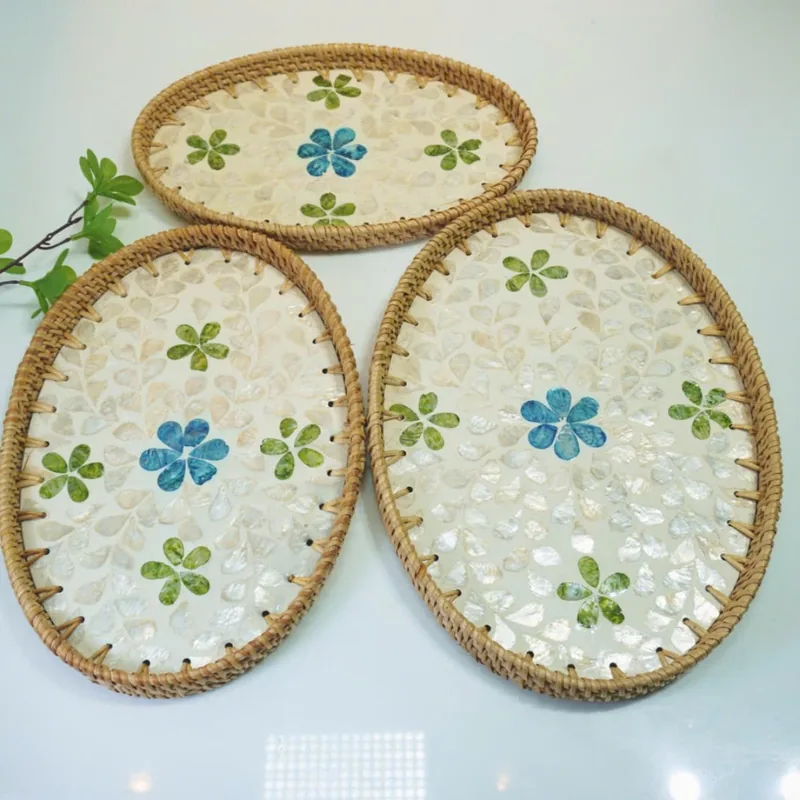 Handmade Rattan Mother-of-Pearl Oval Serving Tray collection display Handmade Rattan Mother-of-Pearl Oval Serving Tray collection display