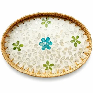 Handmade Rattan Mother-of-Pearl Oval Serving Tray checkered pattern front view