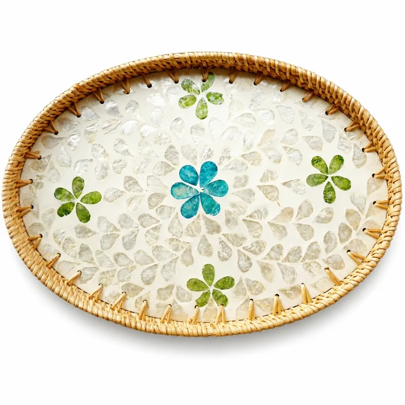 Handmade Rattan Mother-of-Pearl Oval Serving Tray checkered pattern front view Handmade Rattan Mother-of-Pearl Oval Serving Tray checkered pattern front view