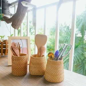 Handmade Rattan Pencil Cup – 10cm Multipurpose Organizer 3 handmade rattan pencil cup CM10T - craftsmanship detail