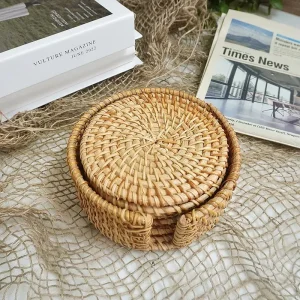 Handmade Rattan Coaster Set with Holder – 6 Pieces, 10cm 2 handmade rattan coaster set LL10N - detail view