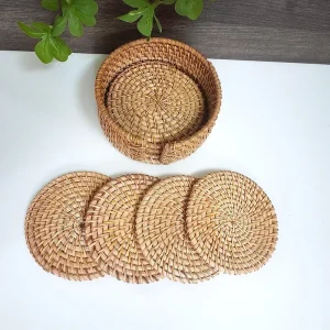 Handmade Rattan Coaster Set with Holder – 6 Pieces, 10cm 4 handmade rattan coaster set LL10N - material detail