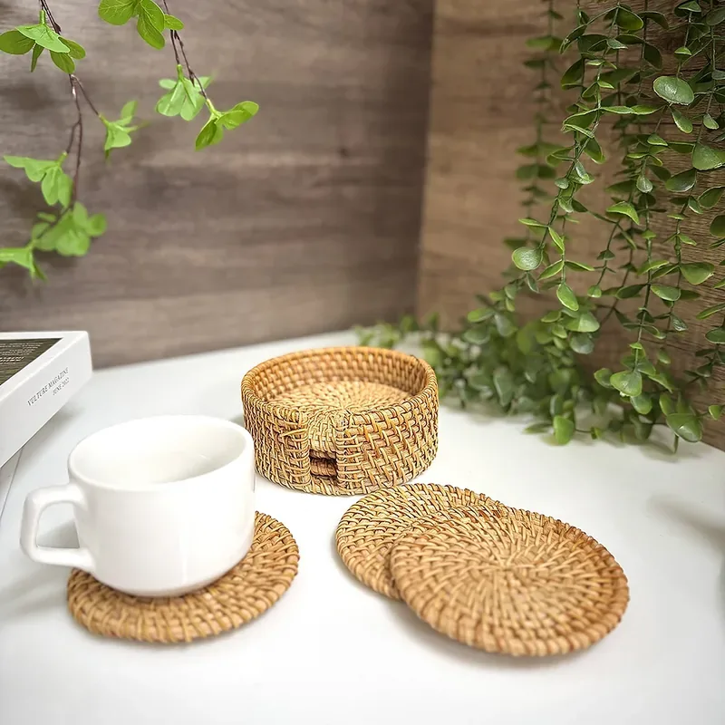 handmade rattan coaster set LL10N - lifestyle application handmade rattan coaster set LL10N - lifestyle application