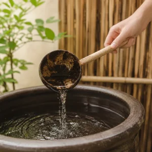 coconut shell ladle with wooden handle pouring water
