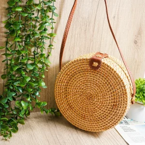 Round Rattan Crossbody Bag – 20cm Handmade Natural Woven Purse 5 round rattan crossbody bag lifestyle product display