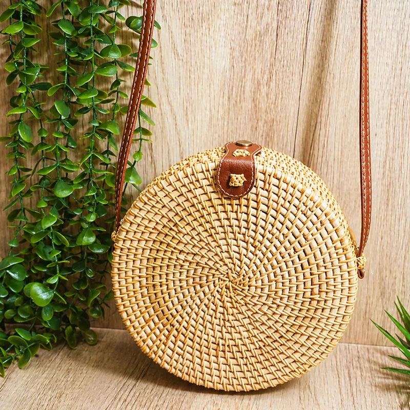 Round Rattan Crossbody Bag – 20cm Handmade Natural Woven Purse 9 round rattan crossbody bag displayed in a natural interior