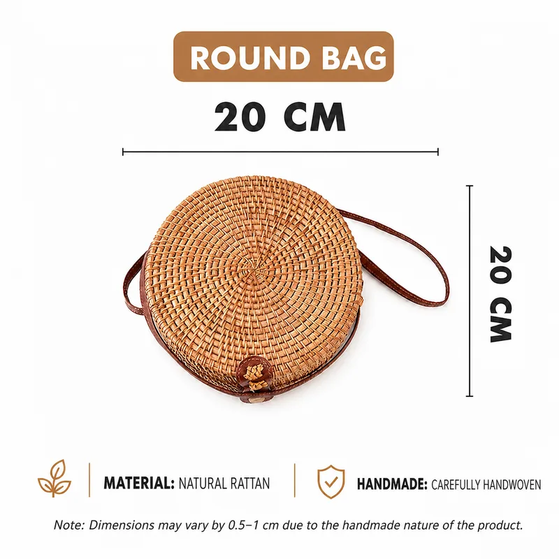 Round Rattan Crossbody Bag – 20cm Handmade Natural Woven Purse 11 round rattan crossbody bag 20cm dimensions and natural rattan material