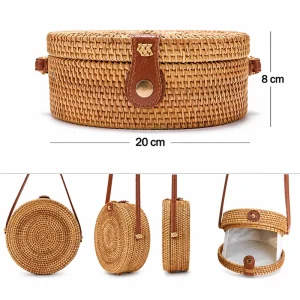 Round Rattan Crossbody Bag – 20cm Handmade Natural Woven Purse 4 round rattan crossbody bag 20cm diameter and 8cm depth views