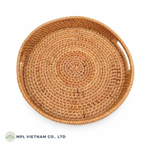 Round rattan tray with natural woven texture, product view 1