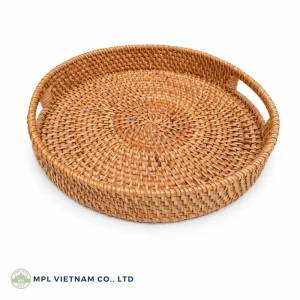 Round rattan tray with natural woven texture, product view 2