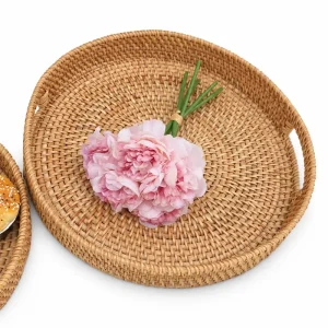 Round rattan tray with natural woven texture, product view 6