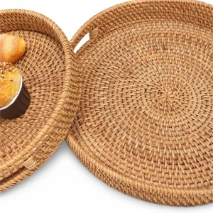Round rattan tray with natural woven texture, product view 7