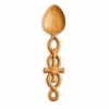 Hand-carved Doussie Wood spoon with cross-motif openwork handle on white background