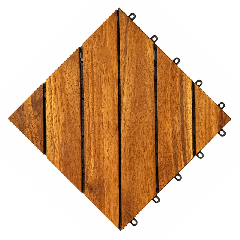 Vietnam acacia deck tiles with six diagonal golden wood slats and round connectors Vietnam acacia deck tiles with six diagonal golden wood slats and round connectors